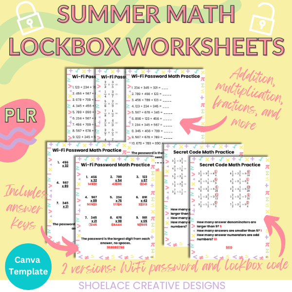 Summer Math Lockbox Worksheets 600